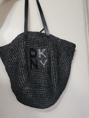 DKNY Black Woven Straw Tote with Logo